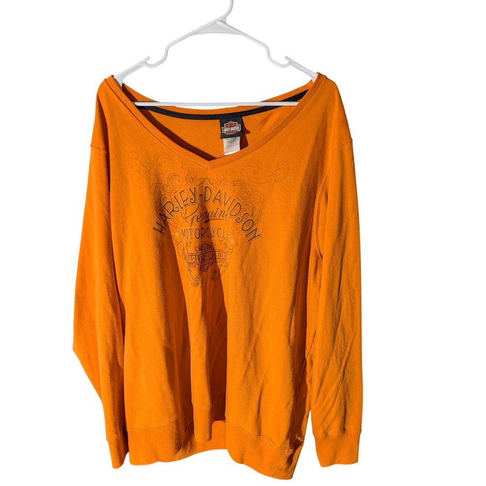 Harley Davidson Womens Orange Long Sleeve Tomahawk Operations‎ Graphic Top 1X